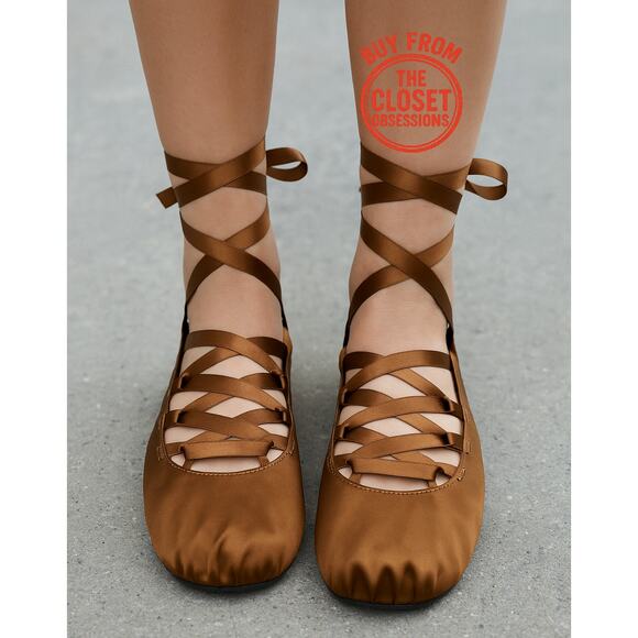 ZARA Lace Up Ballet Flats NWT Ochre Brown Satin Effect Size 7.5 - Picture 2 of 16